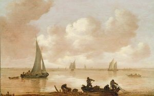 Un estuario con pescadores recogiendo sus redes